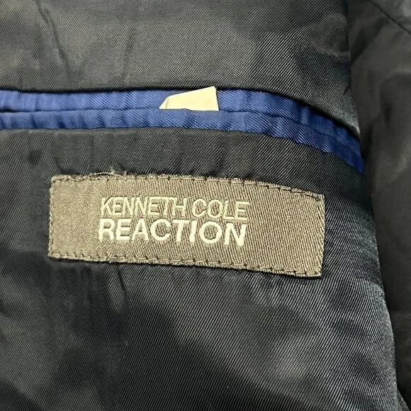 Kenneth Cole Reaction Wool Blazer Suit Jacket Coat 46 R‎ Dark Navy Blue Check - Picture 2 of 8